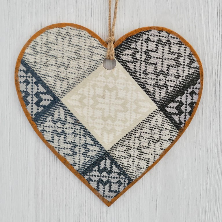 Decoupaged Wooden Hanging Heart: Grey Diamond design 6” (15cm)