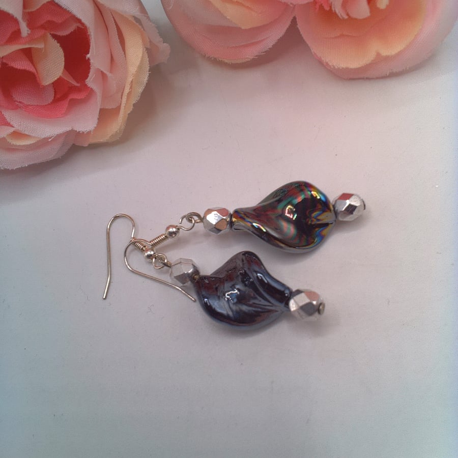 Black Iridescent Twist Bead and Silver Faceted Bead Silver Plated Earrings