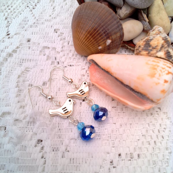 Silver Bird and Blue Crystal Earrings, Blue Earrings, Gift for Her, Bird Earring