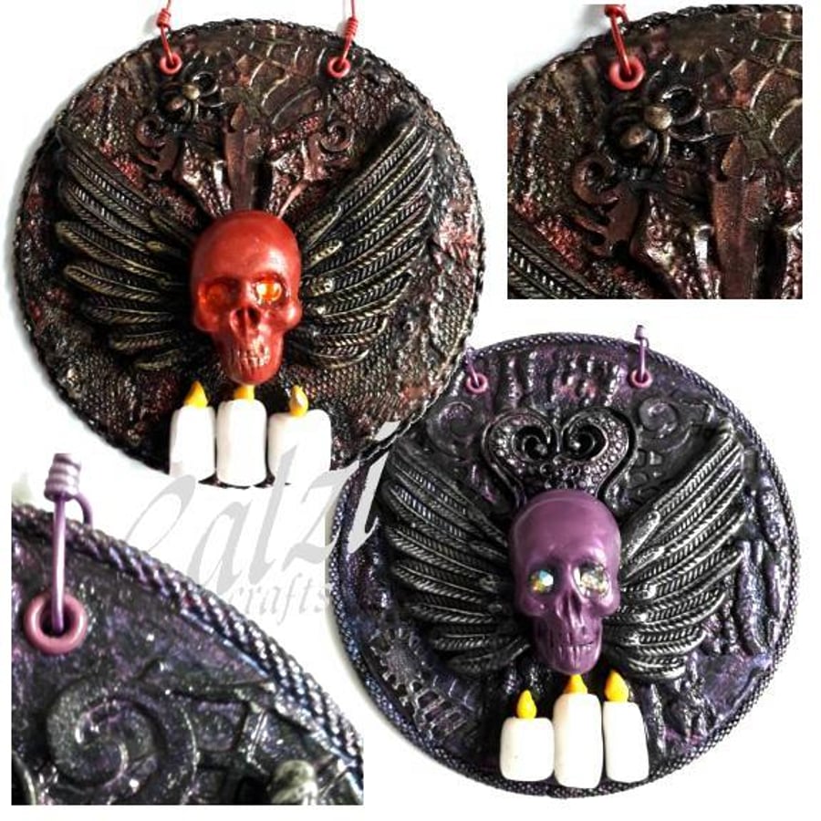 Mixed Media Skull Halloween Hanging Decoration, Purple or Red