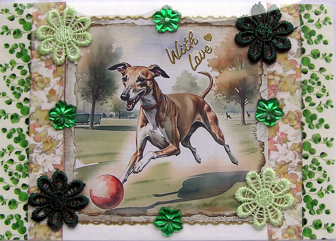Greyhound Dog - Hand Crafted Decoupage Greeting Card - With Love (3299)