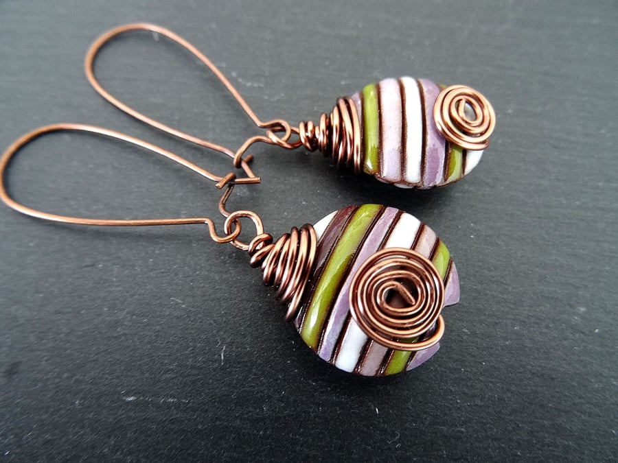 Wire wrapped Ceramic Lentil bead earrings
