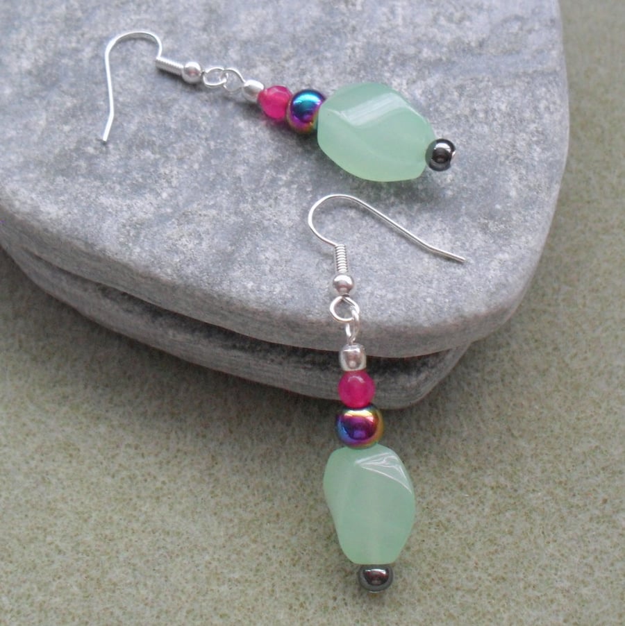 Green Quartz Haematite and Pink Quartz Dangle Earrings