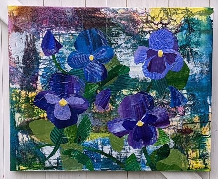 'Winter Pansies' Original Mixed Media Collage Acrylic Painting