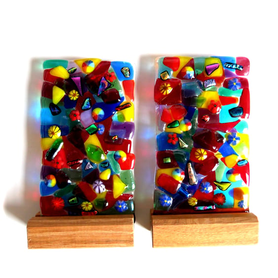 Fused Glass Rainbow Mosaic Lightcatcher Panel on Oak Stand