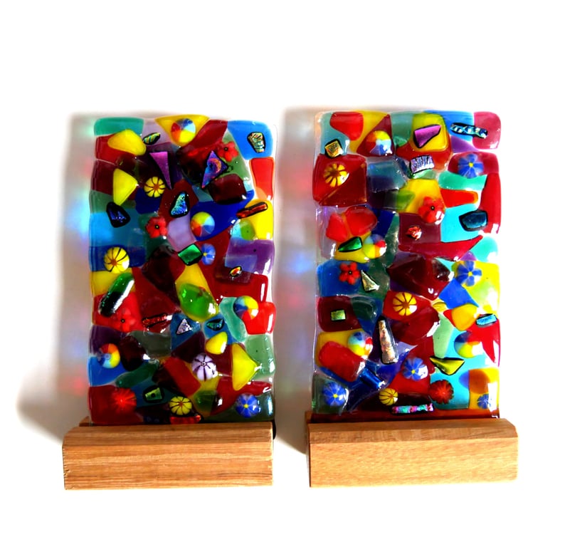 Fused Glass Rainbow Mosaic Lightcatcher Panel on Oak Stand