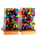 Fused Glass Rainbow Mosaic Lightcatcher Panel on Oak Stand