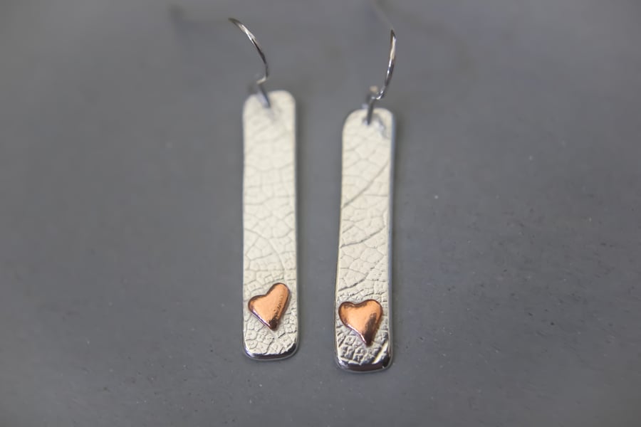 Silver Leaf Imprint Earrings with Copper Heart