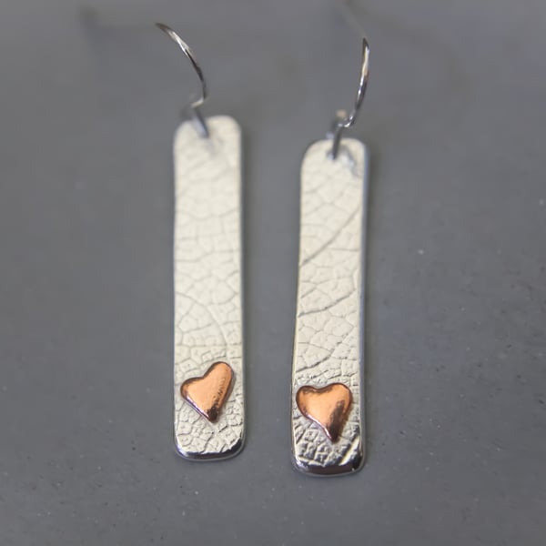 Silver Leaf Imprint Earrings with Copper Heart