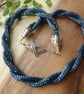 Midnight teal beaded necklace, unusual double spiral sterling silver jewellery - Image 7