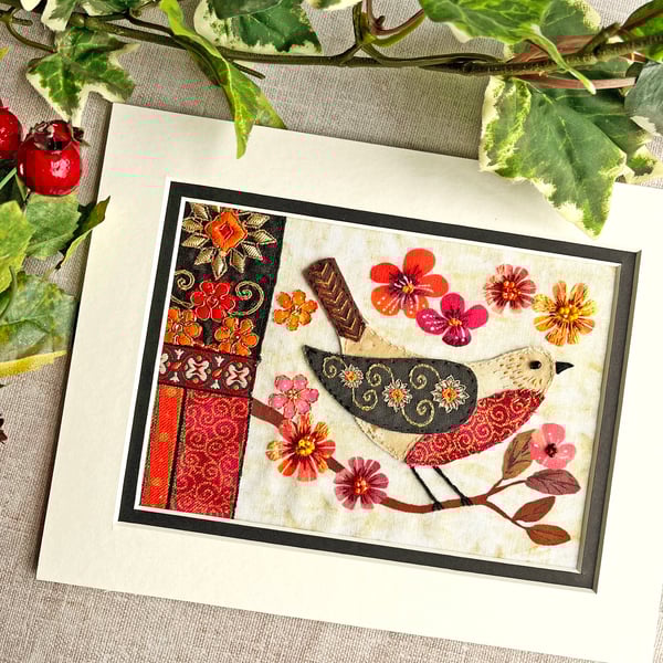 Textile picture of folk bird, gift for bird lover, embroidered bird, handsewn