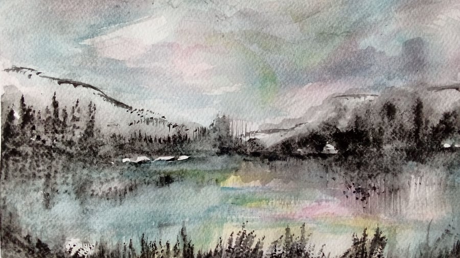 A watercolour painting of mountain lake scene 