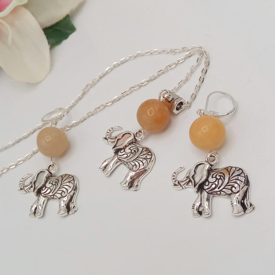 Honey Jade and Silver Plated Elephant Charm Necklace and Earrings, Gift for Her