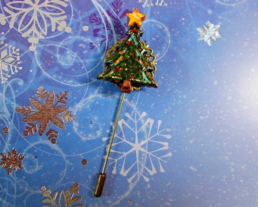 CHRISTMAS TREE PIN Bronze Tone Filigree Festive Lapel Pin HANDMADE HAND PAINTED