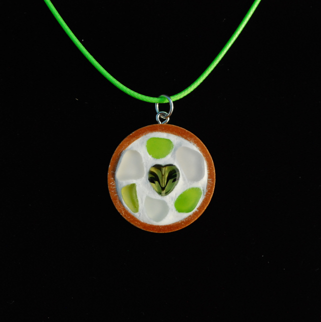 Beach glass mosaic in wood pendant