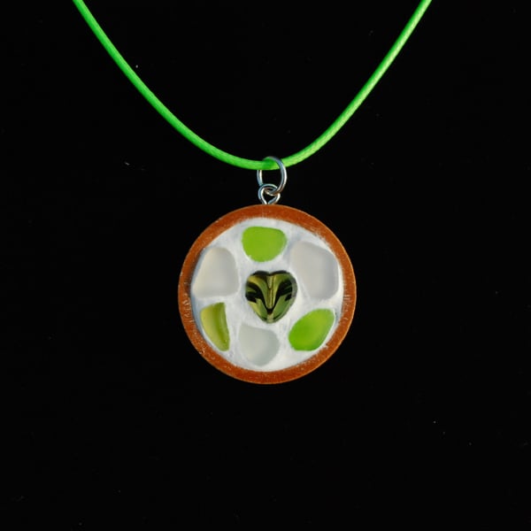 Beach glass mosaic in wood pendant