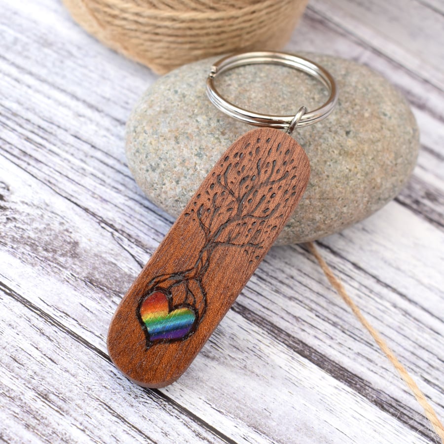 Pyrography 'Lots of Love' keyring rainbow heart tree. Sapele wood key ring.