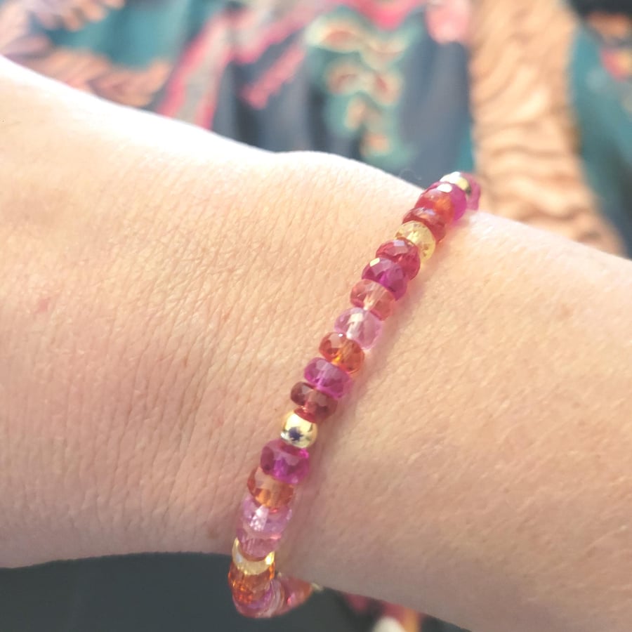 Padparadscha Sapphire Bracelet: Solid Gold Accent Beads, Boho Chic 14KT Jewelry