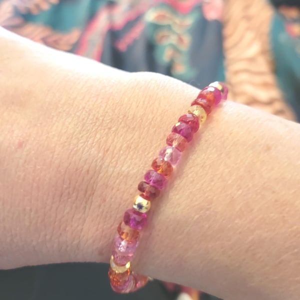 Padparadscha Sapphire Bracelet: Solid Gold Accent Beads, Boho Chic 14KT Jewelry