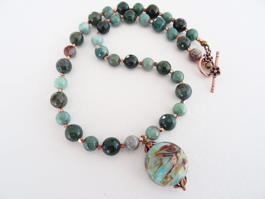 Agate Necklace, Lampwork Glass Necklace, Moss Agate, Green Necklace, Lace Agate.