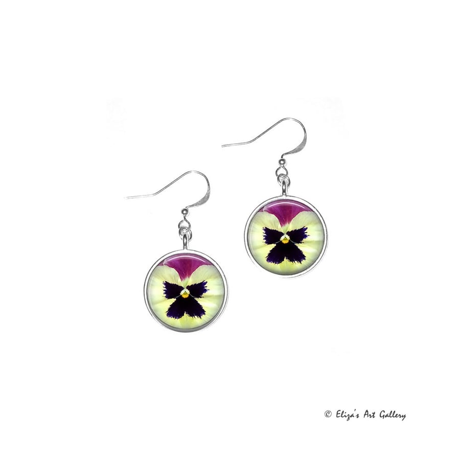 Silver Plated Pansy Flower Photo Earrings