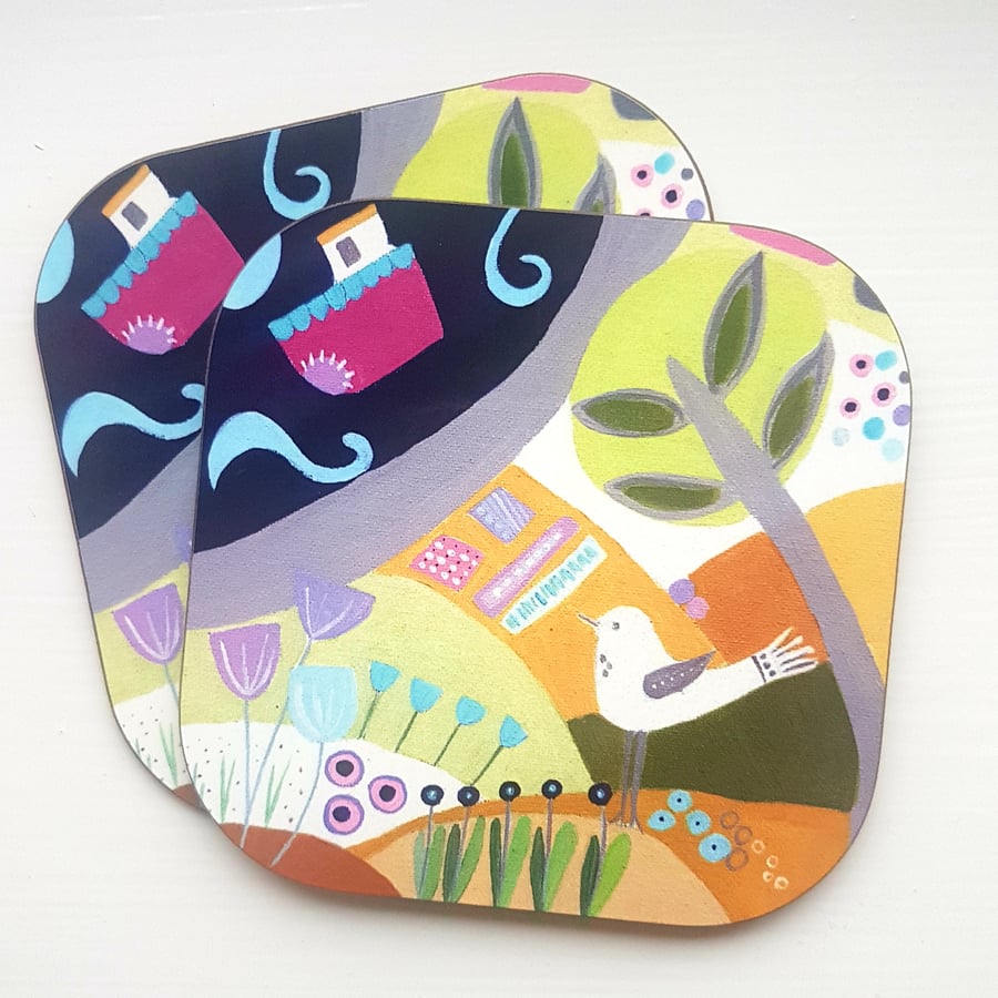 2 Coasters boat and bird
