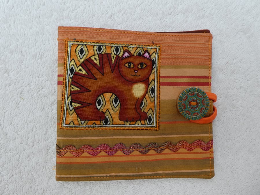 Sewing Needle Case with Applique Cat Panel. Brown  Cat.