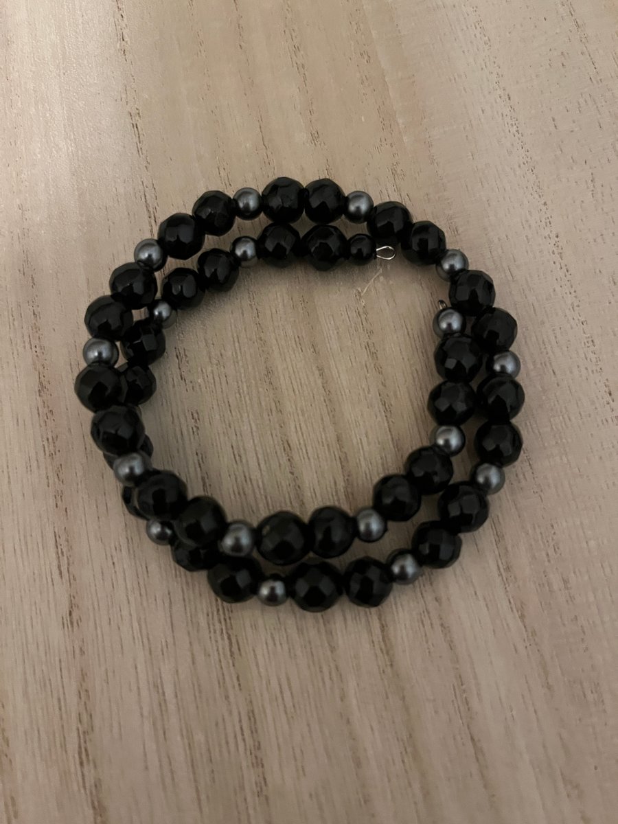 Ladies Spiral Memory Wire Bracelet Black Grey Beads
