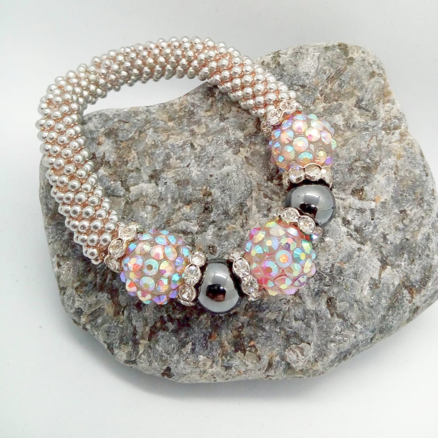 Sparkly Pink Shamballa and Hematite Bead Snowflake Bracelet, Ladies Jewellery