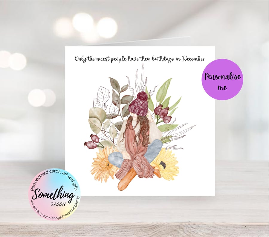 Personalised  Watercolour print greetings card for a December Birthday