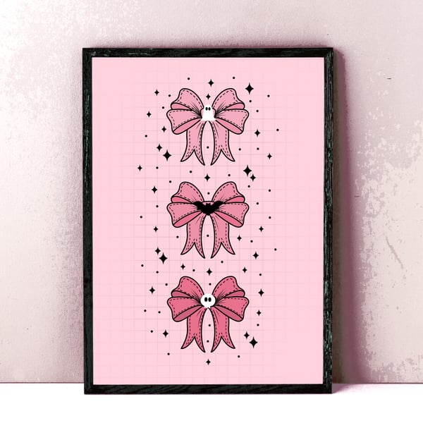 Pink Halloween Girly Decor, Cute Spooky Halloween Bow Print, Cute Goth Wall Art.