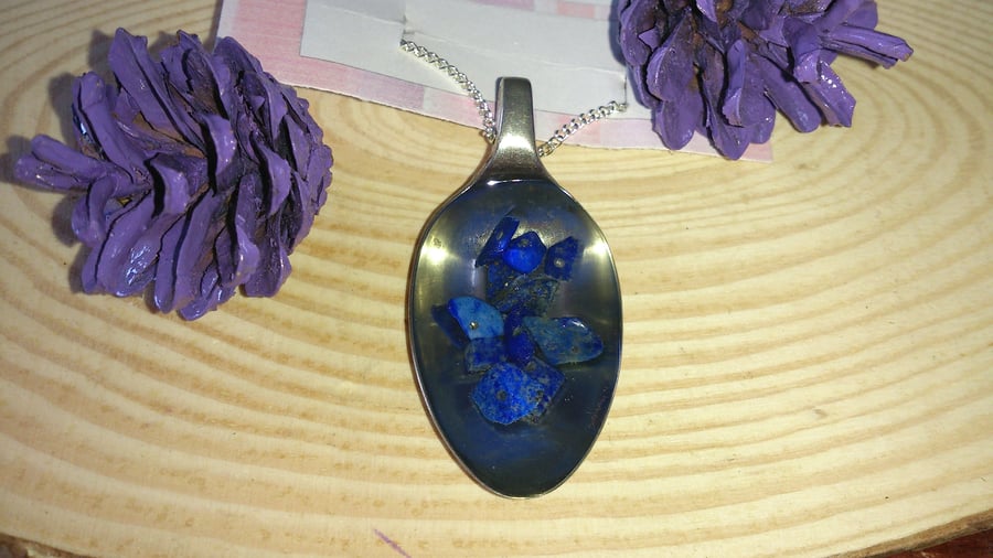 Resin Filled Silver Plated Spoon Necklace with Lapis Lazuli