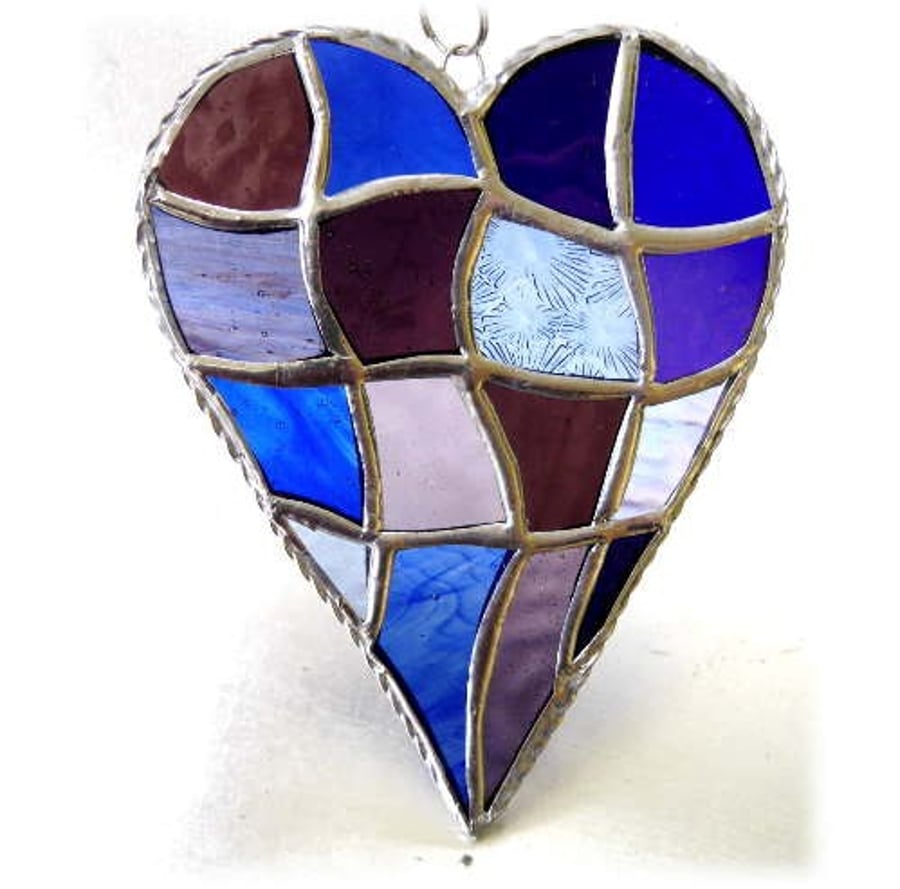 SOLD Patchwork Heart Suncatcher Stained Glass Handmade Purple Blue 048