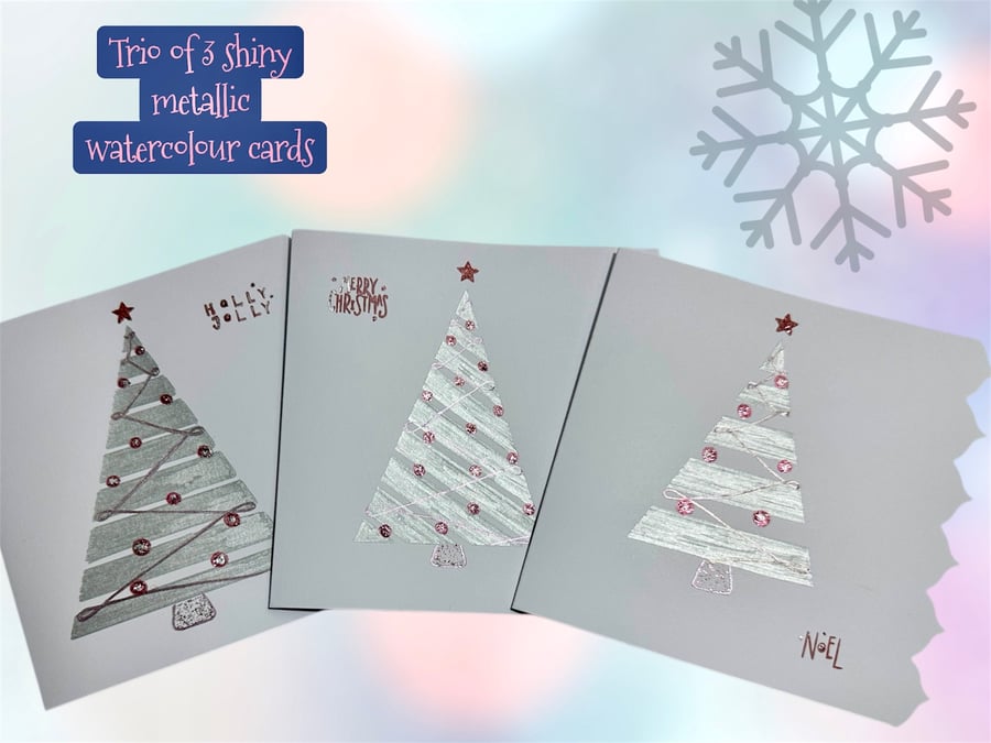 Pack of 3 hand painted Christmas tree cards in silver and pink glitter and shine