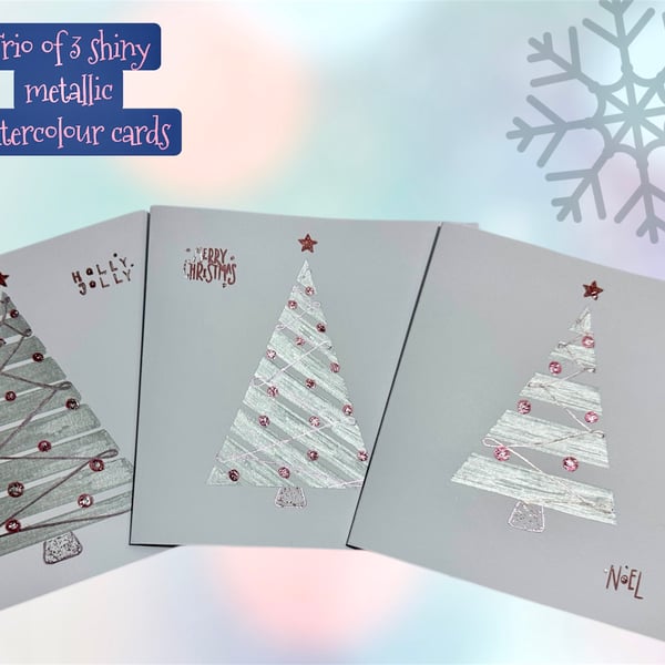 Pack of 3 hand painted Christmas tree cards in silver and pink glitter and shine