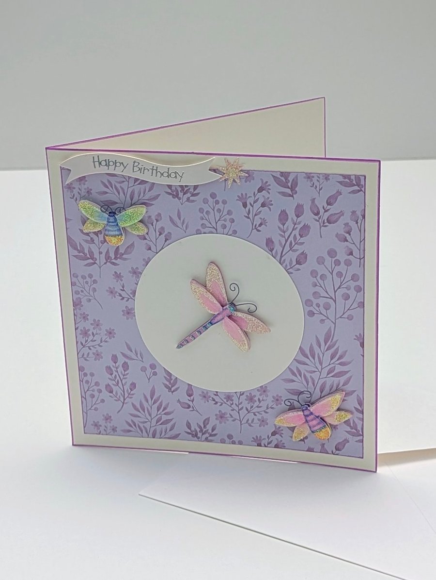 Handmade Birthday card with dragonfly and bees embellishments, pretty pastels