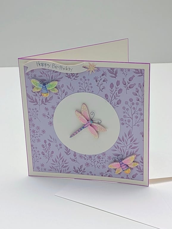 Handmade Birthday card with dragonfly and bees embellishments, pretty pastels