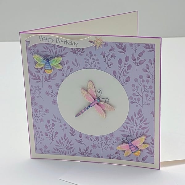 Handmade Birthday card with dragonfly and bees embellishments, pretty pastels