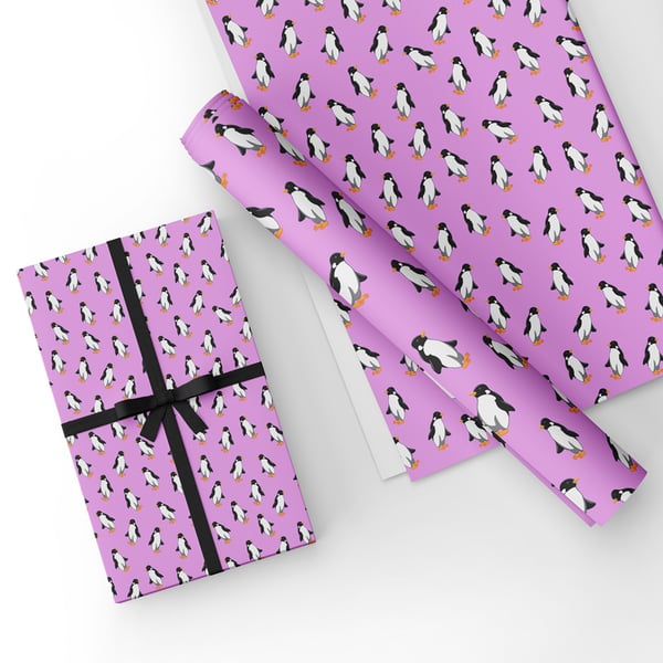 Gift Wrap Penguins-Pink Penguins & Matching Gift Tag-Wrapping Paper-LG13