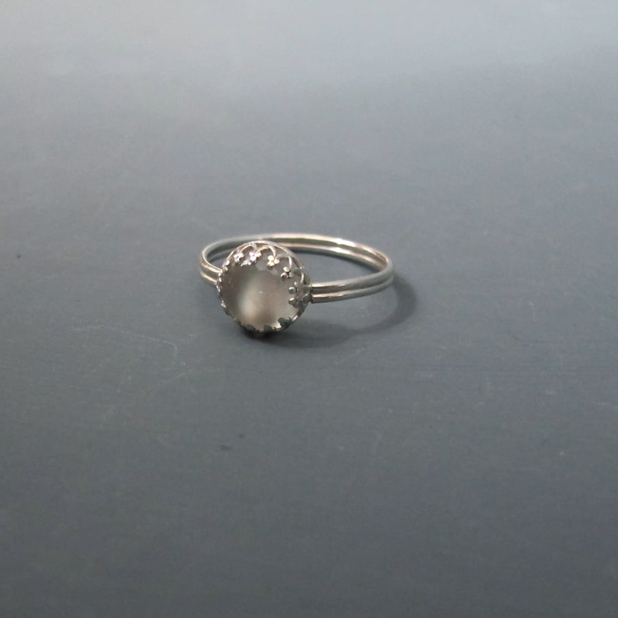 White Moonstone & Sterling Silver Hidden Heart Ring - Size O