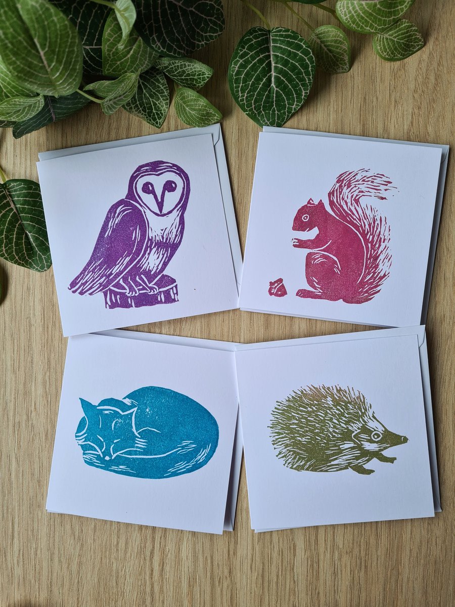 4 woodland creature notecards thank you cards handprinted art