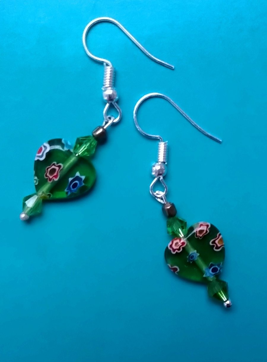 Little Green Millefiori Heart Earrings 