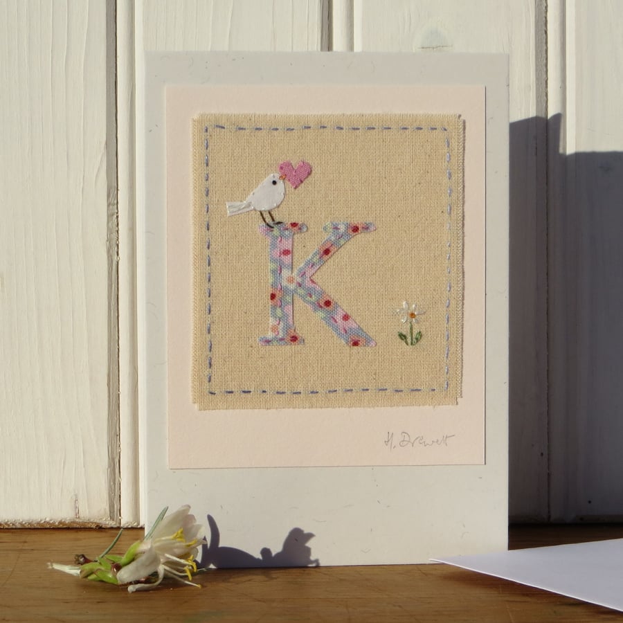 Sweet little letter K card hand-stitched, new baby, Christening or 1st birthday