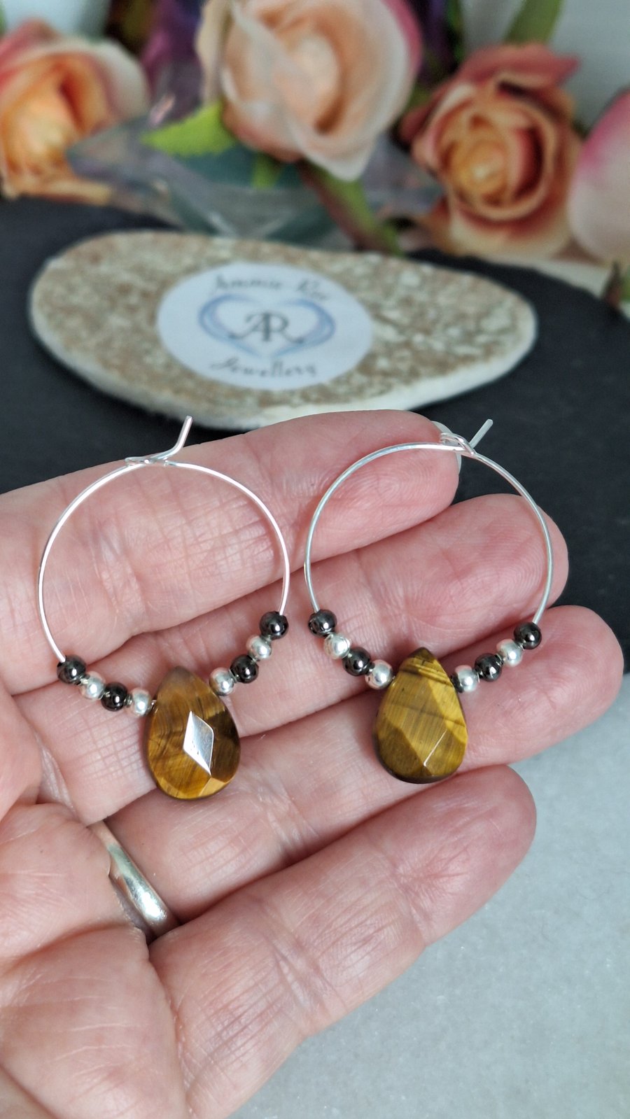 Stunning Tiger's Eye beaded Hoop earrings 