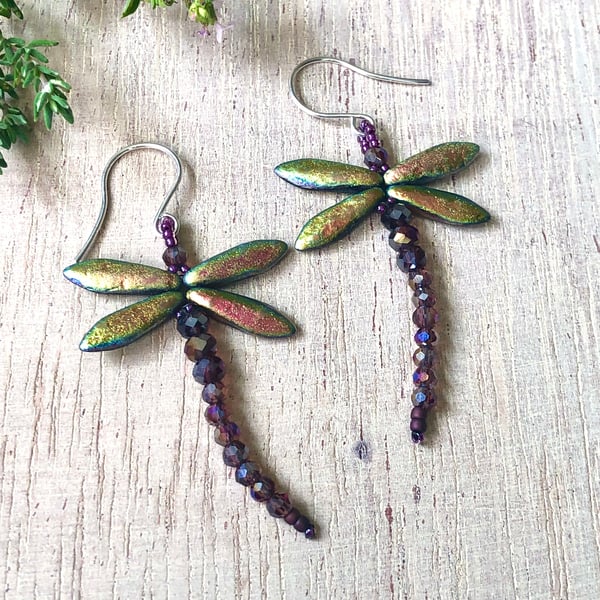 Pink Green & Gold Beaded Dragonfly Earrings, Bead Woven, Sterling silver hooks