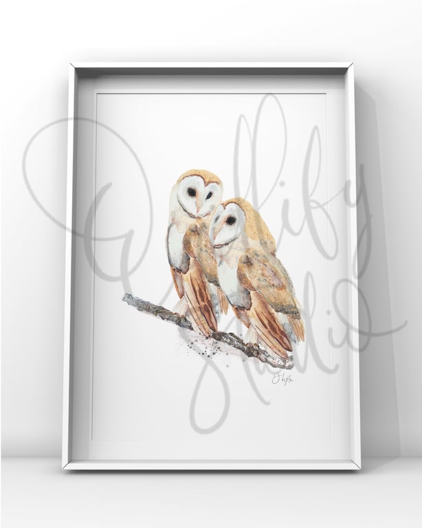 Watercolour Print Barn Owl Togetherness