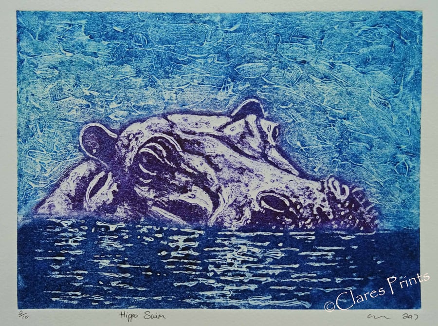 Hippo Limited Edition Original Collagraph Print Art 