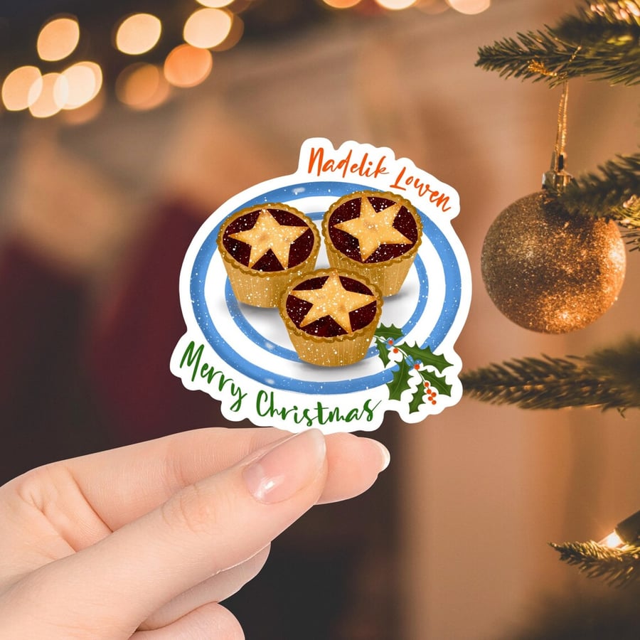 Nadelik Lowen Merry Christmas Sticker, Die Cut Sticker, Cornwall