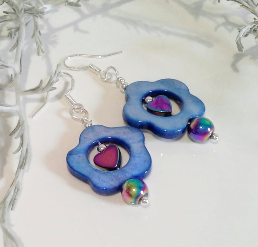 Mother of Pearl & Heamotite   Earrings with  Sterling Silver Wire Hooks