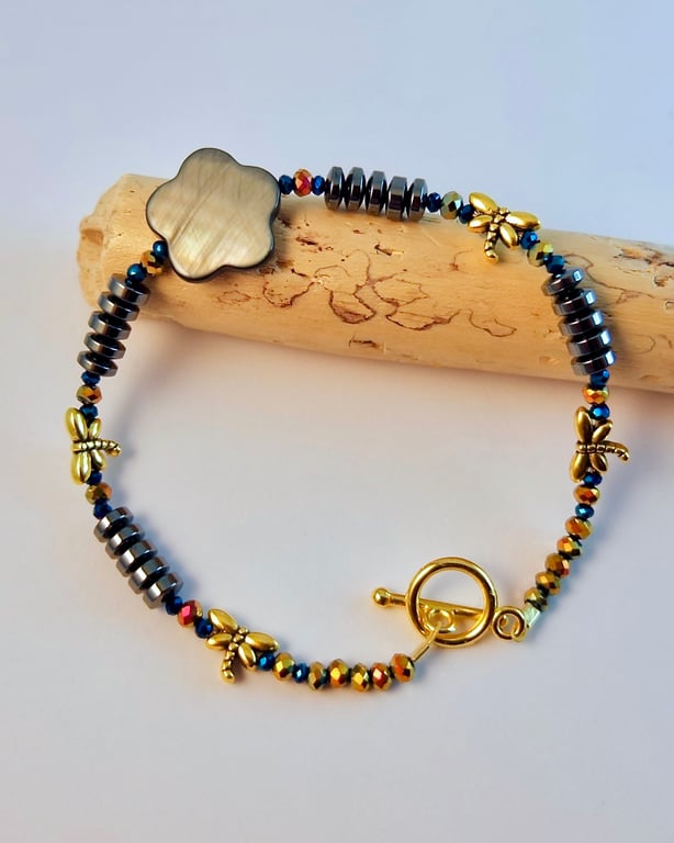 Hematite Bracelet With Dragonflies, Mothers Day, Birthday, Anniversary Gifts